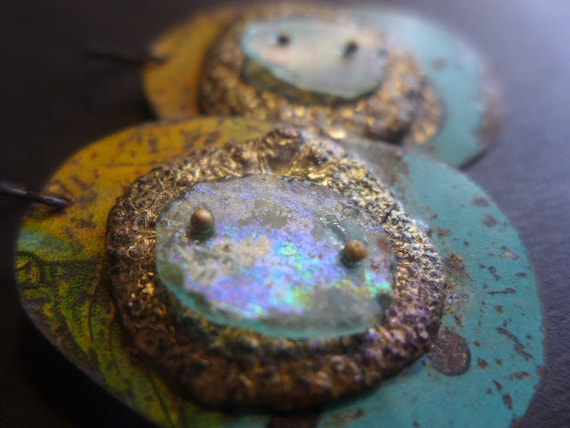 Techtonic. Rustic assemblage earrings with Roman glass, salvaged tin, polymer art beads.