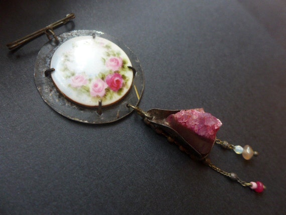 Master Passion. Victorian tribal assemblage dangle brooch with porcelain rose plate, rough agate and salvaged tin.