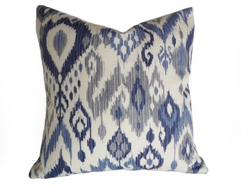 Blue Ikat Pillows, Navy Blue, Grey Gray, Cream White, Modern Pillow Cover, Contemporary Decorative Throw Pillows, 18x18, 20x20