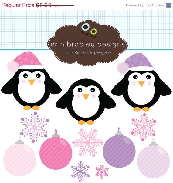 50% OFF SALE Instant Download Holiday Clipart Clip Art Personal & Commercial Use Pink and Purple Penguins Il_570xn