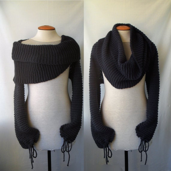 Sweater scarf / shawl with sleeves at both ends in very dark