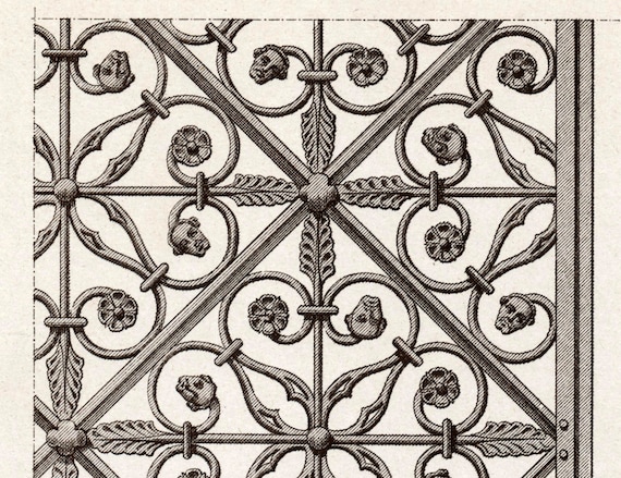 Antique Engraving of a 14th-Century Gate in the Museum of Rouen. 1880 French Print of Decorative and Architectural Metalwork. Plate 21