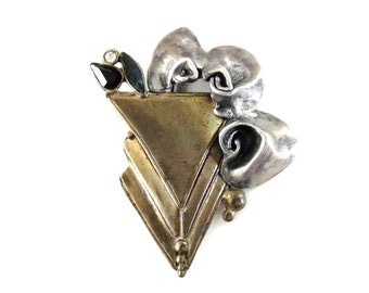 Unusual Handmade Pin Silver Brass Abstract Vintage Marks Stones Studio