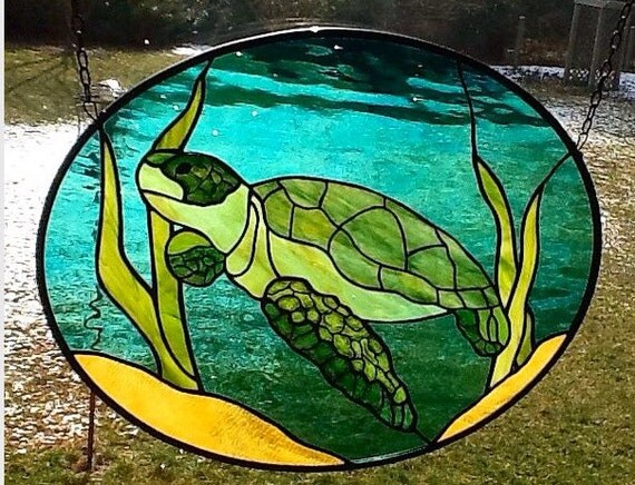 Items similar to Sea Turtle oval stained glass window Panel, on Etsy