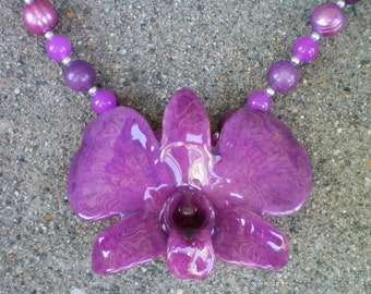 Free Shipping REAL Purple ORCHID Agate, Jade and Pearls Sterling Silver Necklace