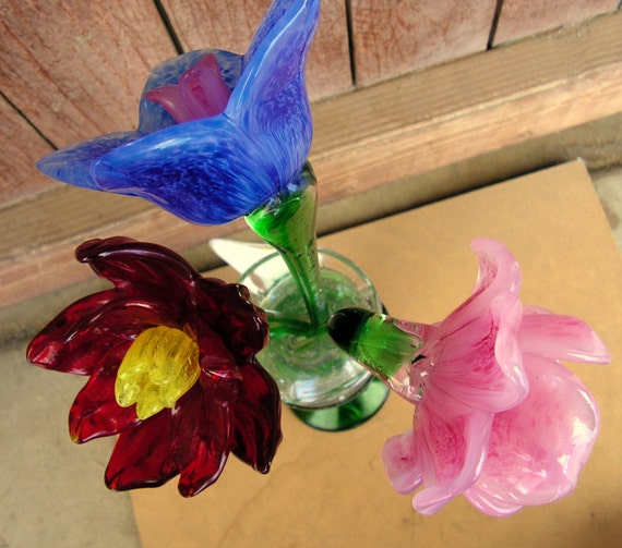 Blown Glass Flowers Sculpture Art Glass Vase Long Stemmed