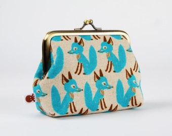 Metal frame change purse - Foxes in turquoise - Deep dad / Woodland / blue grey brown taume / japanese fabric