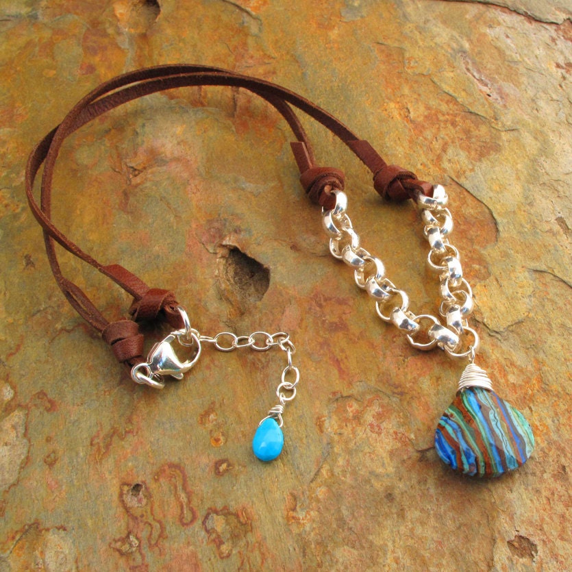 Rainbow Calcite Sterling Silver Leather Necklace Southwest