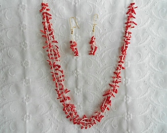 Multi-Strand Necklace Crocheted with Coral Beads and Earrings !!CLEARANCE SALE!!