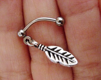 Tiny Feather Leaf Eyebrow Rook Earring Ear Eye Brow Jewelry Barbell Bar 16g 16 G Gauge