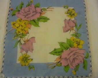 Vintage Blue & Pink Floral Print Handkerchief NOS
