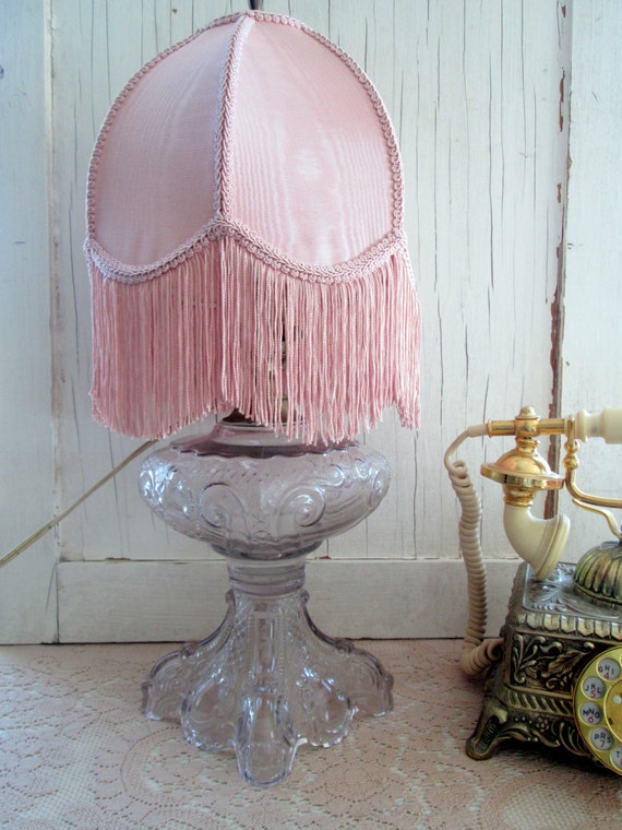 Antique Victorian Lamp With Fringe Shade Electrified Lamp Pink