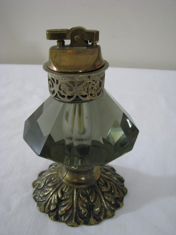 Large Smoked Glass Table Top Cigarette Lighter Brass Base