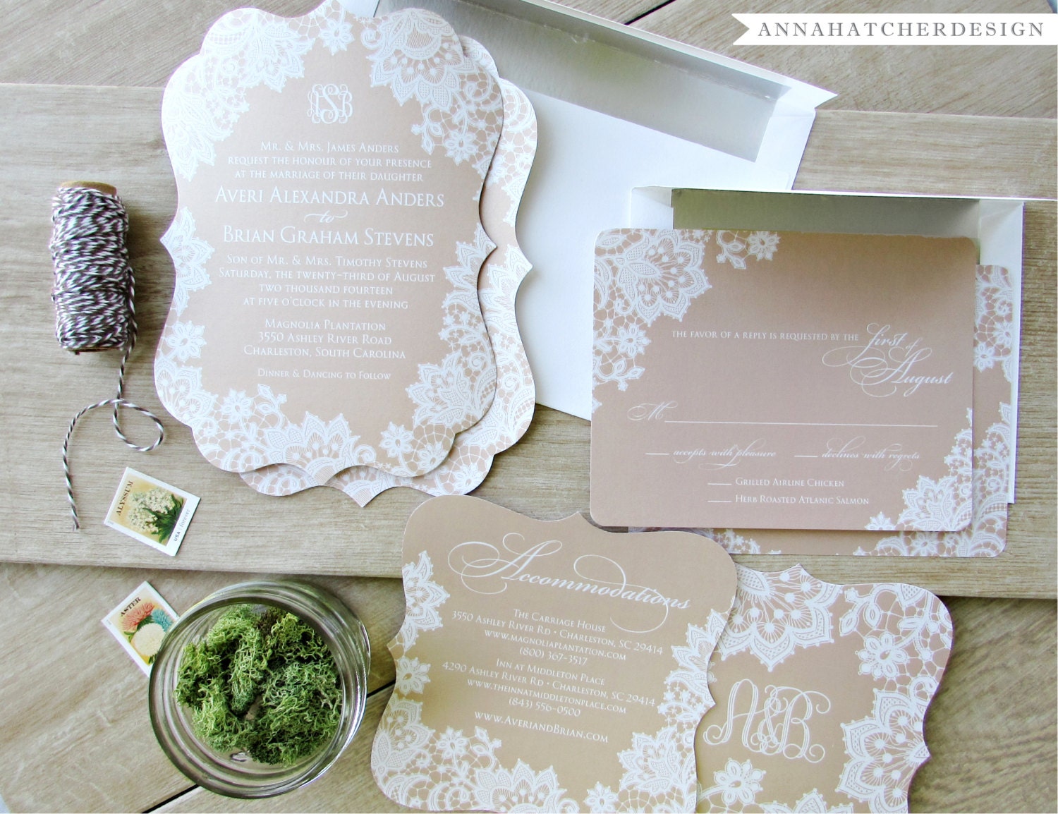 SAMPLE: 3 Piece Champagne and Lace ORNATE Wedding Suite / Invitation, Reply  Card, Enclosure Card / Paper Pack / Color Chart – Free Shipping –  OnePaperHeart – Stationary & Invitations