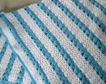 Vintage Baby Carriage Pram Afghan Blue and White Baby Blanket