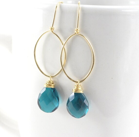 Teal Gemstone Earrings Gold Filled Long Dangle Earrings