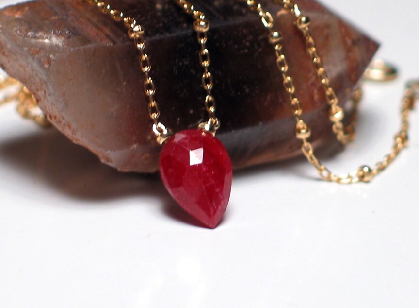 Ruby Necklace Heart Shaped Ruby Briolette in 14K Gold Filled