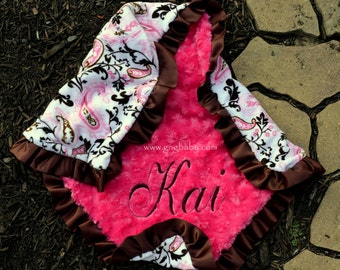 Baby Girl Blanket-Paisley & Pink Mocha-Hot Pink Minky-Satin Ruffle-Personalized-Newborn-Infant-Minky Blanket