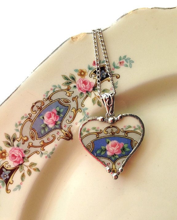 Broken china jewelry heart pendant necklace antique china pink