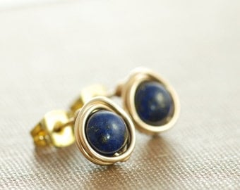 Lapis Lazuli Post Earrings Wrapped in 14k Gold Fill, Blue Gemstone Earrings, Handmade, aubepine