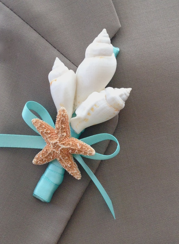 Beach Wedding Seashell and Starfish Boutonniere with 24 Ribbon Choices