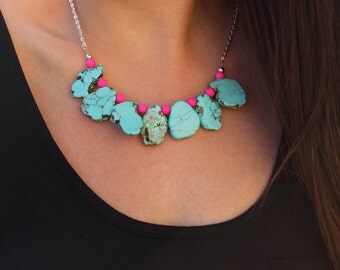 Turquoise and Neon Pink Statement Necklace.