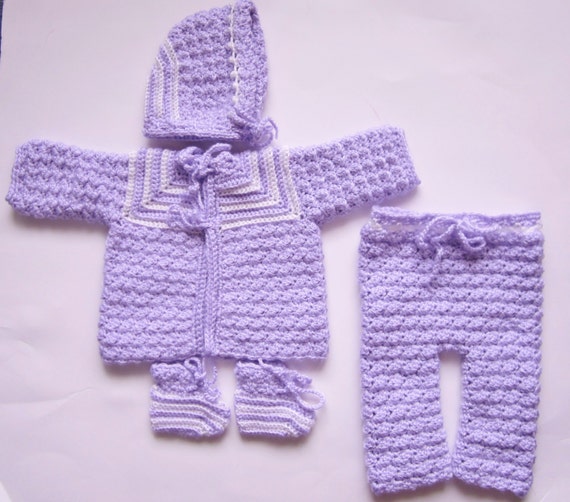 Crochet Baby Outfit, Newborn, Coming Home Outfit, Girl Coming Home, Purple Layette, Girl Sweater Set, Baby Sweater Set, Newborn Coming Home