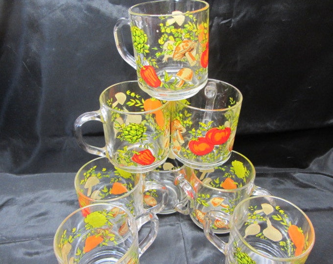 Set Spice of Life Glass Mugs by Arcoroc of France, Glass Vintage Mugs, Serving Mugs, Set Coffee Mugs, Arcoroc Glass Mugs, Spice of Life Mugs