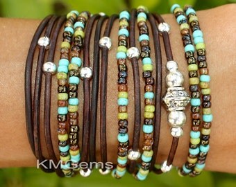 TURQUOISE Custom Boho Leather Wrap Bracelet , Leather Triple Wrap Bracelet w/ Picasso Miyuki / Tibetan Style accents , Pick SIZE / COLOR 89