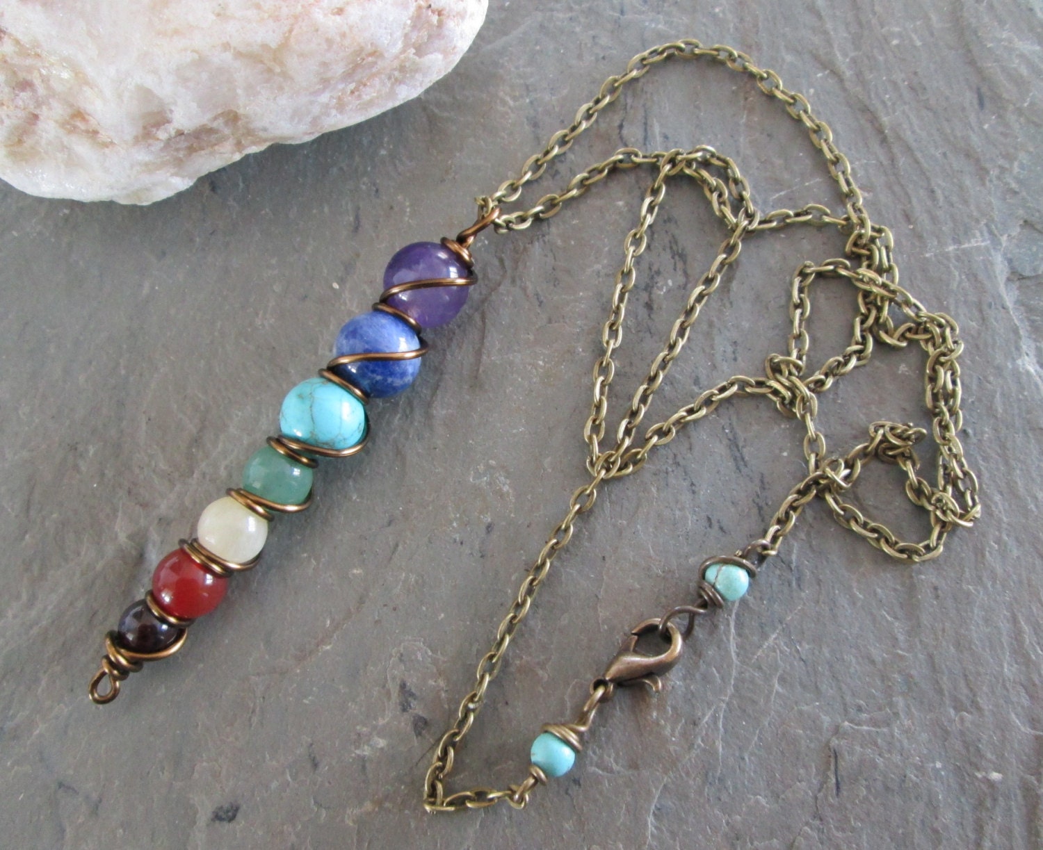 7 Chakra Necklace Wire wrapped Chakra Gemstone Pendant on