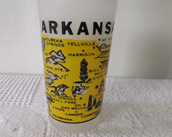 Vintage Souvenir State Glass Tumbler Arkansas White Frosted with Yellow and Black Vacation Travel Retro Road Trip Decorative
