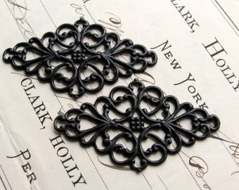 Diamond shaped black filigree link, ornament, 45mm wrap, black antiqued brass (2 flat filigree) dark aged patina, made in the USA, OR-SG-021