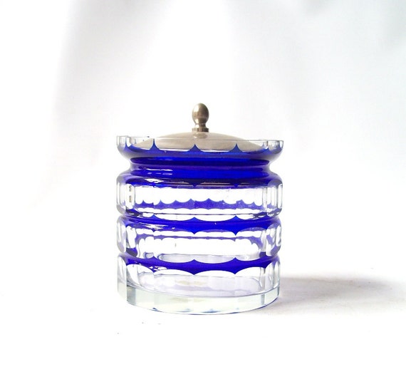 vintage sugar bowl cobalt blue stripe clear glass metal lid