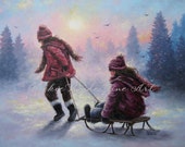 Two Sisters Sledding Original Oil Painting 18X24 children snow sledding, winter paintings, two girls sledding, Vickie Wade art