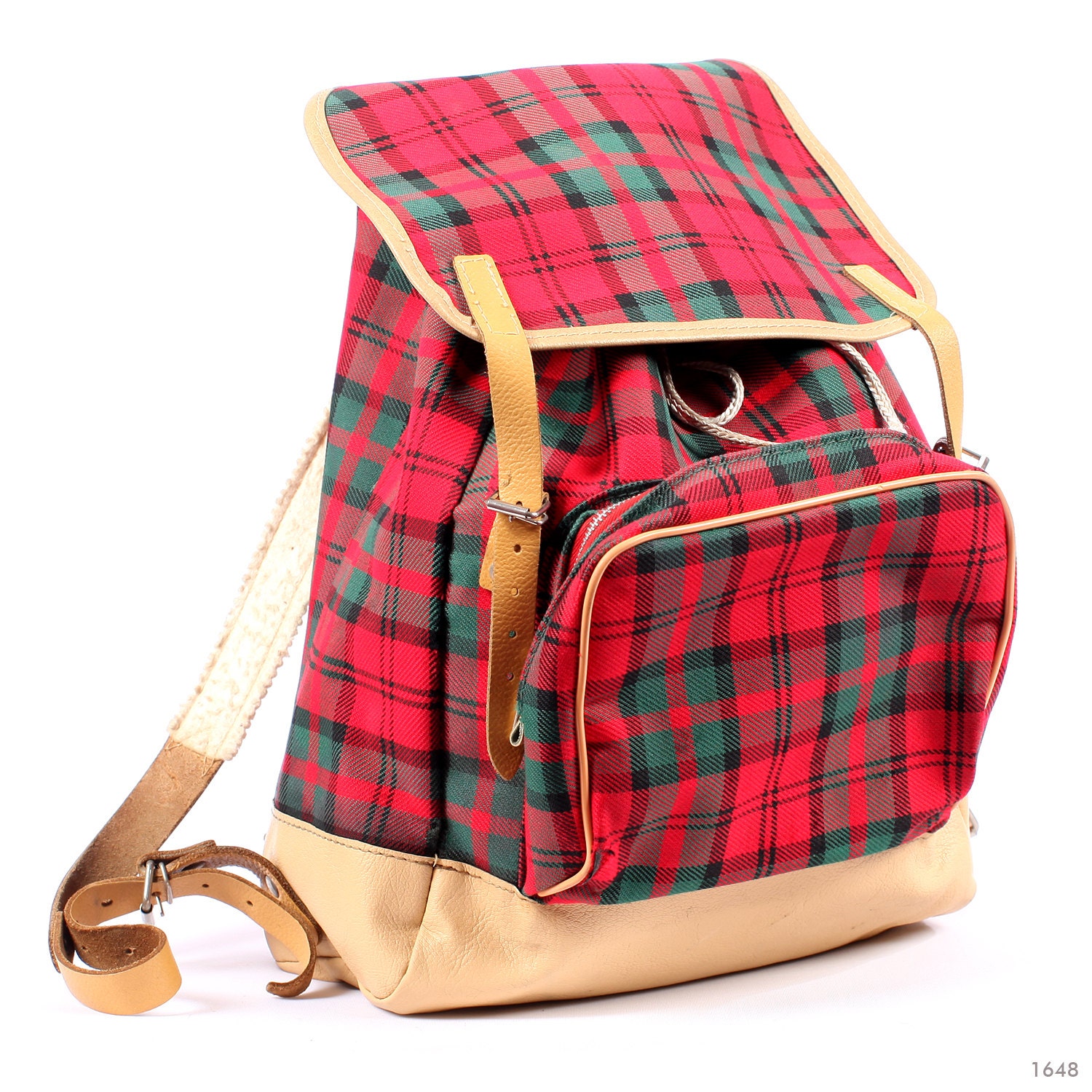 Mens CANVAS Backpack . 1970s Tartan PLAID Red Vintage UNISEX