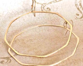 Big Geometric Gold Hoop Earrings, Large Octagon 14K Yellow Gold Hoops, Boho Earrings, Boho Jewelry, Modern Earrings, Shiny Hammered Earrings