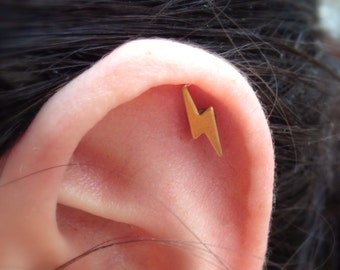 Lightning Bolt in Sterling Silver or Raw Brass. Pick Your Post Earring. Perfect for Helix Conch Tragus Labret Cartilage Piercings.