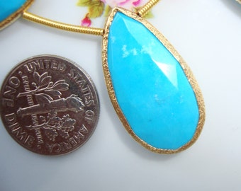 NATURAL Blue Turquoise Faceted Pear Briolette Vermeil Sterling Silver Texture Bezel Rim Connector Link Pendant, 1 pc