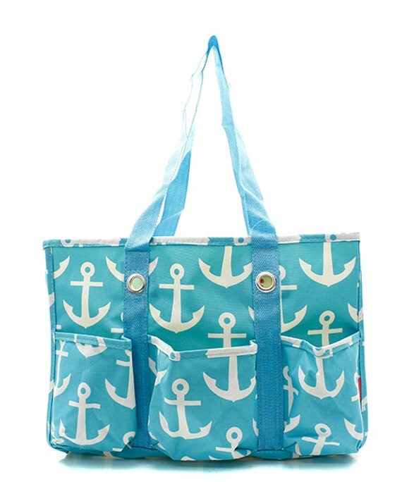 Monogrammed Utility Tote with pockets Aqua Anchor print