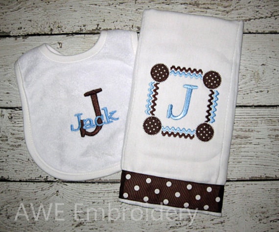 Monogrammed Bib And Burp Cloth Set For Baby Boy In Blue And