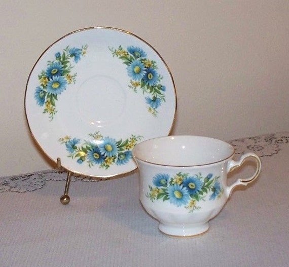 Queen Anne Blue Daisies Bone China Tea Cup by SuesAntiqWonderland