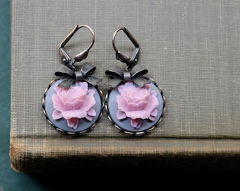Romantic, Soft Pink & Grey, Wedding, Spring, Summer, Flower Cabochon and Bow Earrings