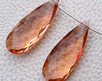 AMAZING Superb Amazing Matched Pair, 40x15mm Long, CHAMPAGNE Quartz Elongated Faceted Pear pair.Low Price