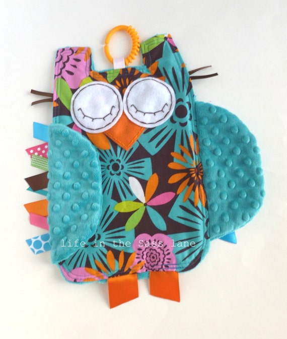 Mod Floral Woodland OWL Baby Blanket with Turquoise Minky