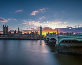 London Photography -- Big Ben and Wesminster at Sunset, London Art, London Print, London Skyline, Sunset Photography