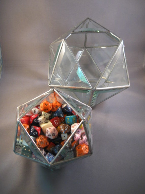 d20 dice bowl in clear or glue chip beveled glass by DiceyDecor