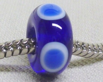 Large Hole Lampwork Bead Fits European Charm Bracelets Transparent Blue with White and Blue Dots