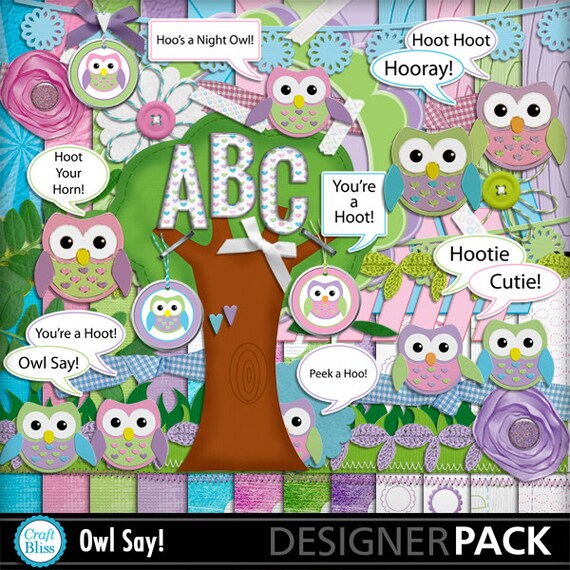 Sale! Owl Say Digital Scrapbook Kit Owl Digital Paper Owl Clipart Owl Papers Owl Birthday Party Owl Word Art Owl Kit Owl Sayings Owl Clip Il_570xn