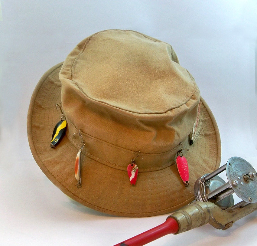 Mid Century Waxed Canvas Fishing Hat with Fishing Lures