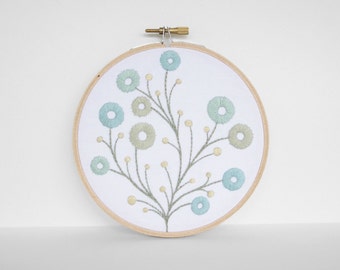 Mint and Sky Blue Satin Stitch Flowers with Yellow Pods, Hand Embroidery - 5 inch Embroidery Hoop Fiber Art in Primary Colors and White